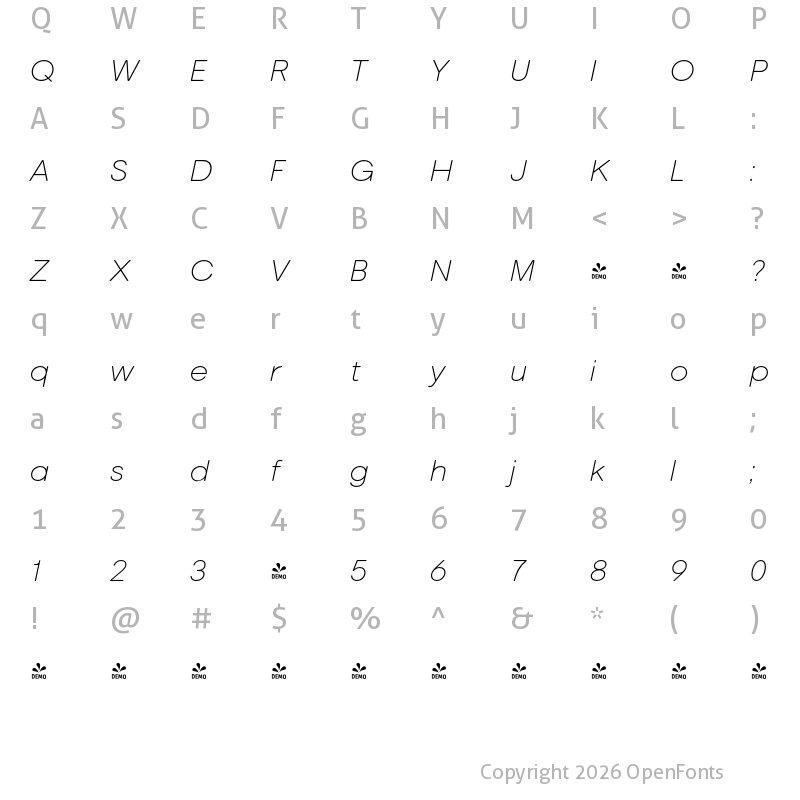 Character Map of FONTSPRING DEMO - Marlin Soft SQ ExtLt Italic