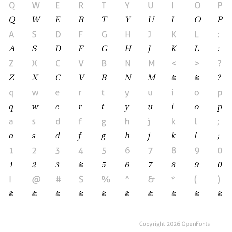 Character Map of FONTSPRING DEMO - Marseille Pro Italic