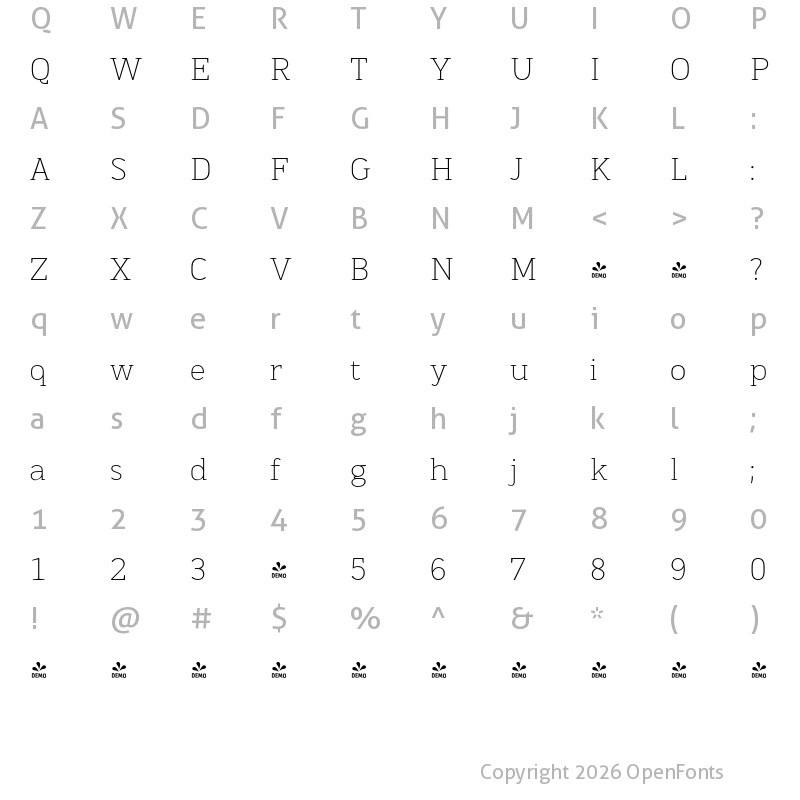 Character Map of FONTSPRING DEMO - MartiniThai Neue Slab Thin Regular