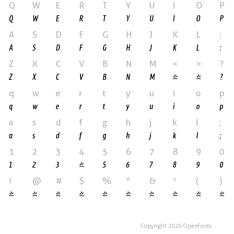 Character Map of FONTSPRING DEMO - MaryTodd-Italic Regular