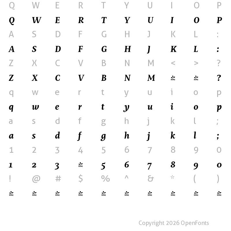 Character Map of FONTSPRING DEMO - Mastro Caption Bold Italic