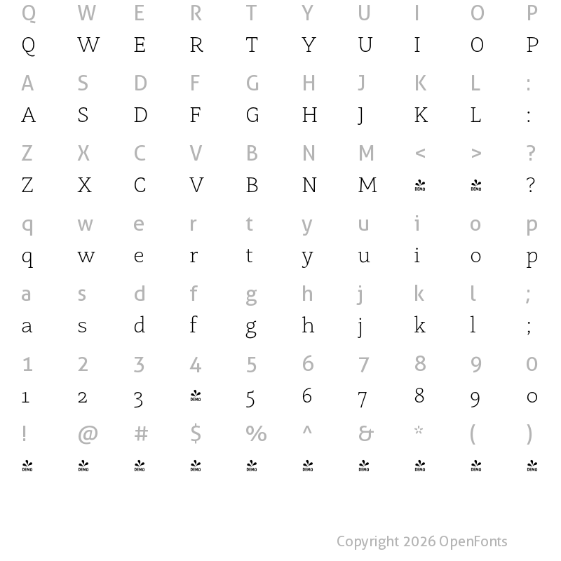 Character Map of FONTSPRING DEMO - Mastro Caption Extra Light Regular