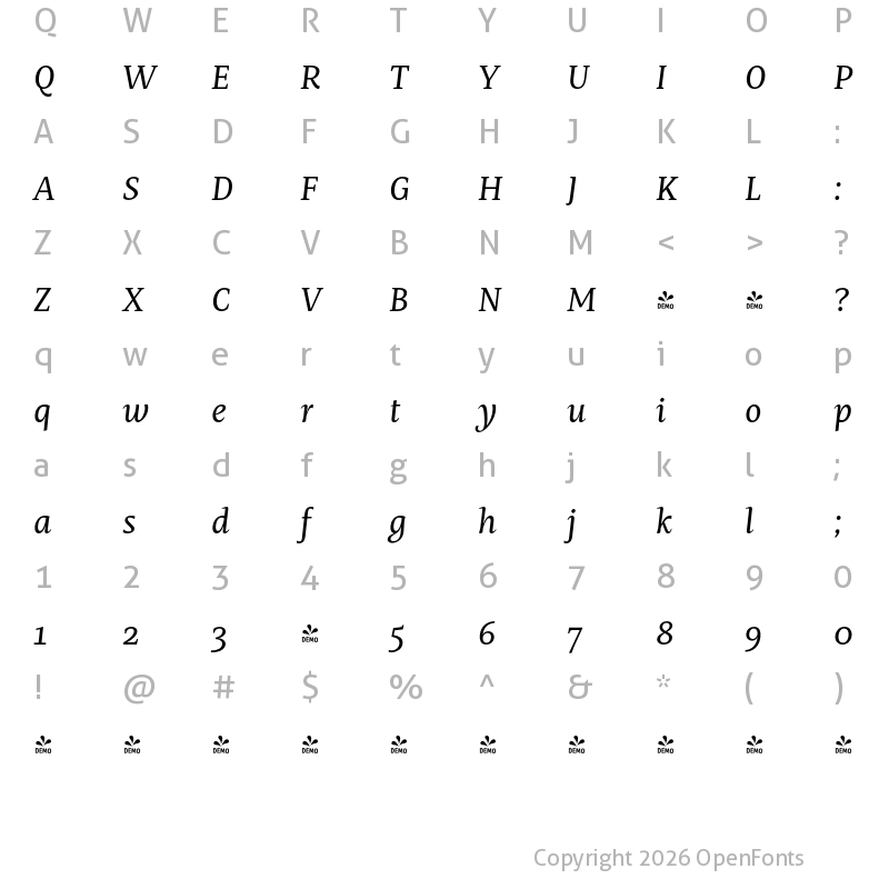 Character Map of FONTSPRING DEMO - Mastro Caption Italic