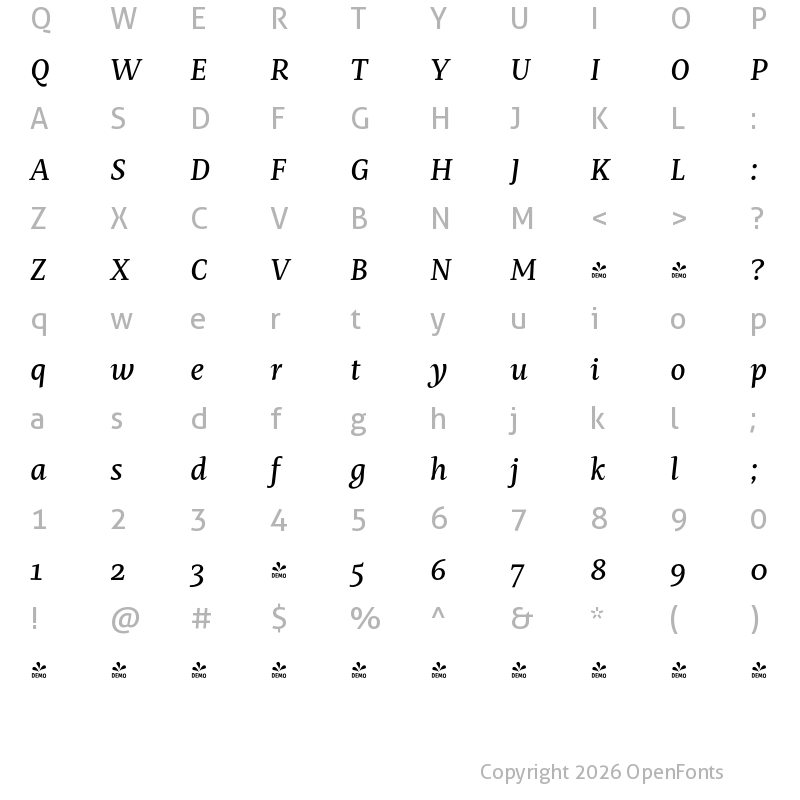 Character Map of FONTSPRING DEMO - Mastro Caption Medium Italic Regular