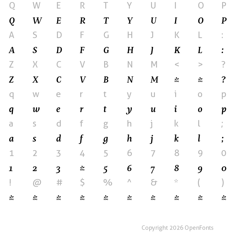 Character Map of FONTSPRING DEMO - Mastro Caption Semi Bold Italic Regular