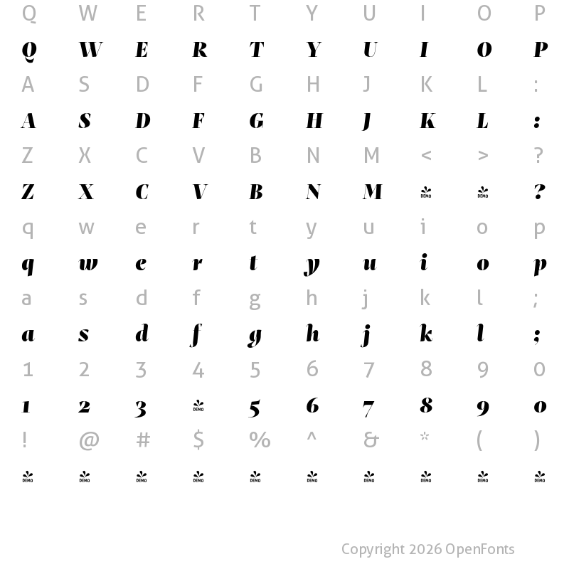 Character Map of FONTSPRING DEMO - Mastro Display Black Italic Regular