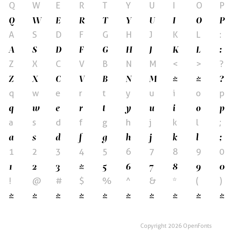 Character Map of FONTSPRING DEMO - Mastro Display Bold Bold Italic