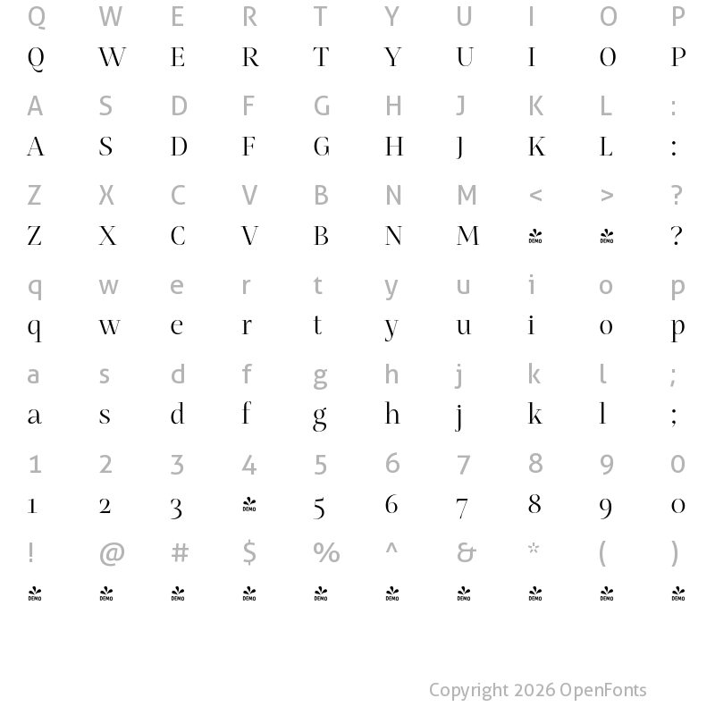 Character Map of FONTSPRING DEMO - Mastro Display Book Regular