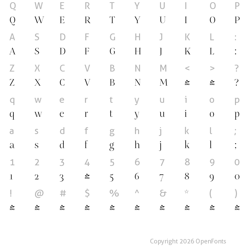 Character Map of FONTSPRING DEMO - Mastro Display Light Regular