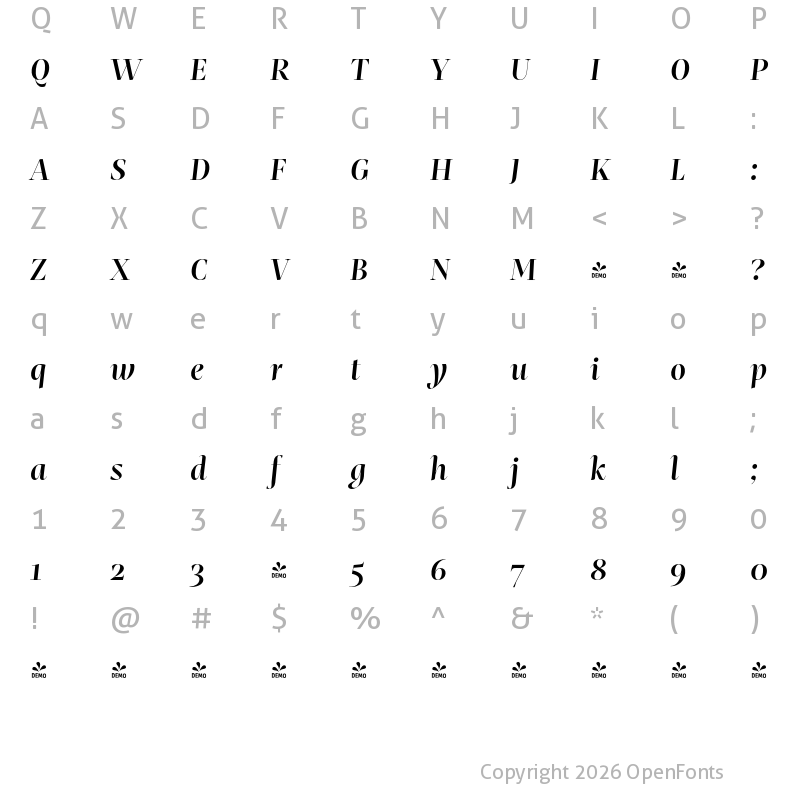 Character Map of FONTSPRING DEMO - Mastro Display Semi Bold Italic Regular