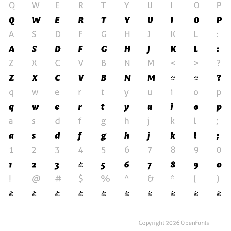 Character Map of FONTSPRING DEMO - Mastro Sans Black Italic Regular