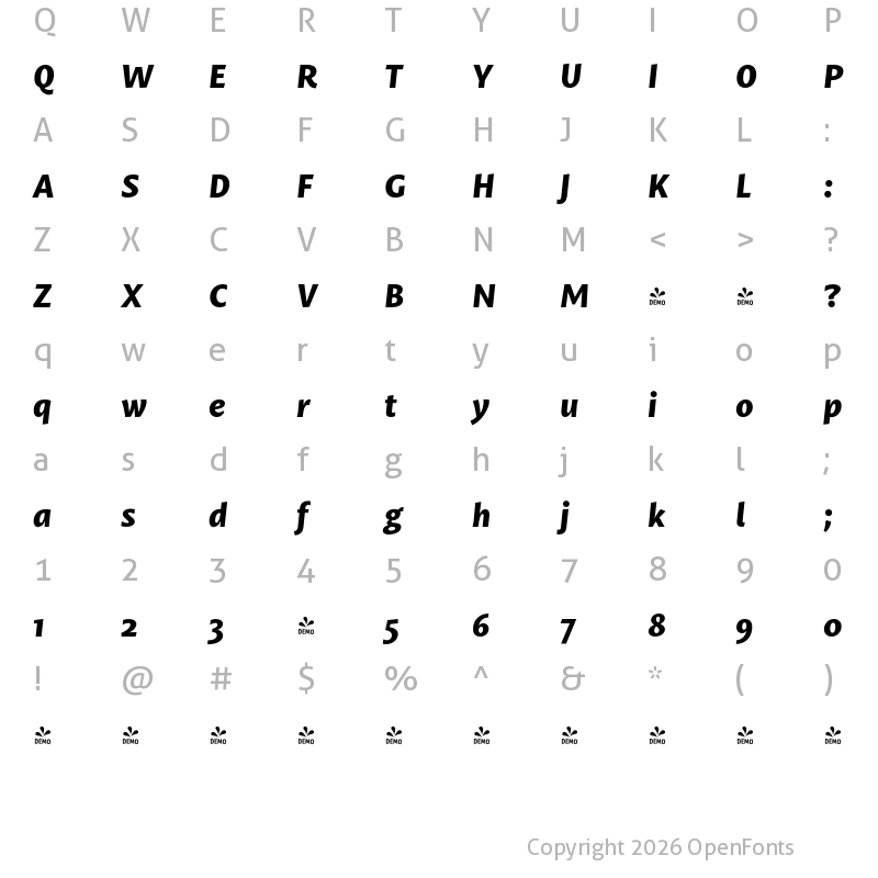 Character Map of FONTSPRING DEMO - Mastro Sans Extra Bold Italic Regular