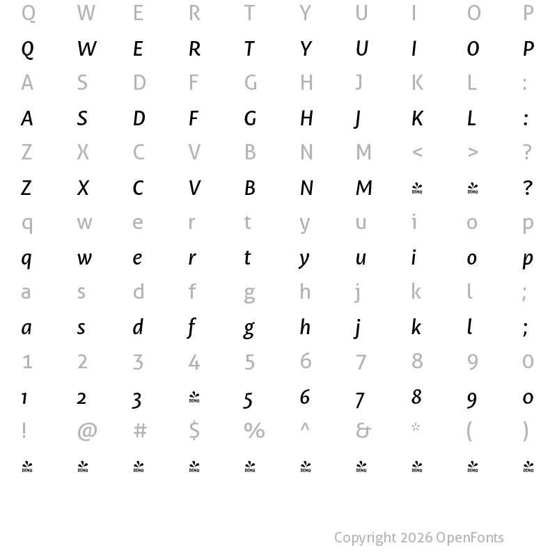 Character Map of FONTSPRING DEMO - Mastro Sans Medium Italic Regular