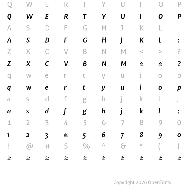 Character Map of FONTSPRING DEMO - Mastro Sans Semi Bold Italic Regular