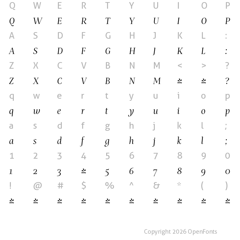 Character Map of FONTSPRING DEMO - Mastro SubHead Book Italic Regular