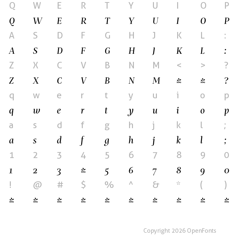 Character Map of FONTSPRING DEMO - Mastro SubHead Medium Italic Regular