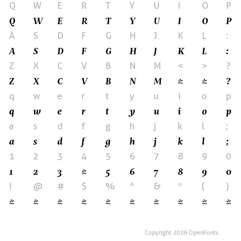 Character Map of FONTSPRING DEMO - Mastro Text Bold Italic