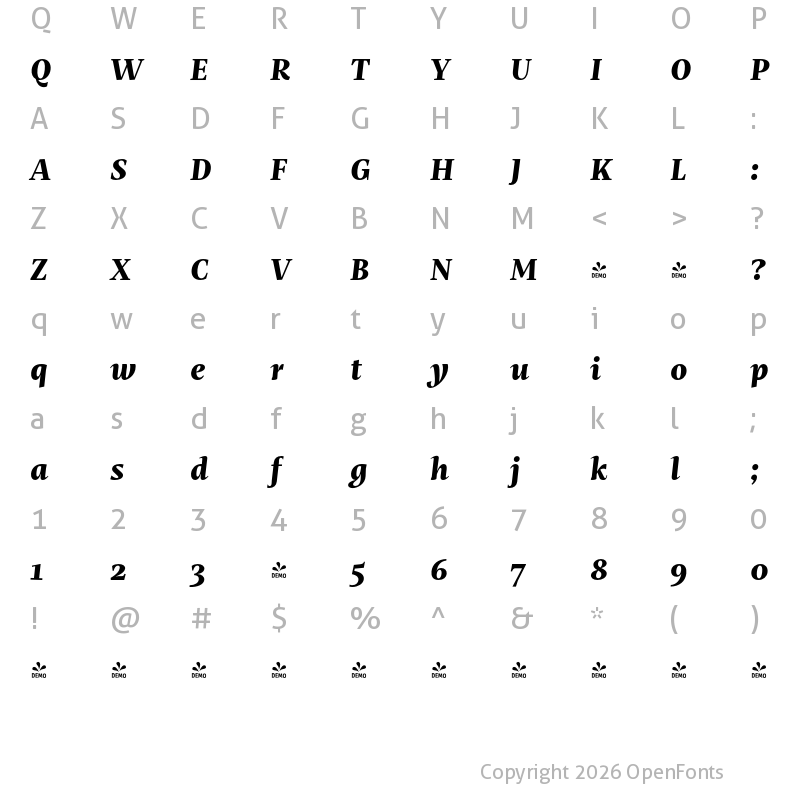 Character Map of FONTSPRING DEMO - Mastro Text Extra Bold Italic Regular