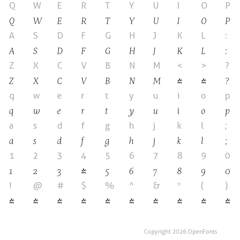 Character Map of FONTSPRING DEMO - Mastro Text Extra Light Italic Regular