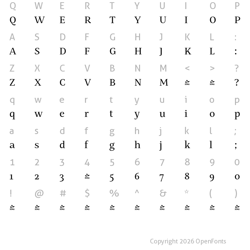 Character Map of FONTSPRING DEMO - Mastro Text Medium Regular