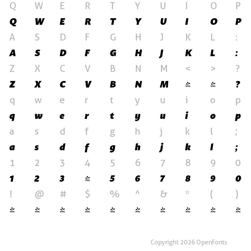 Character Map of FONTSPRING DEMO - Mato Sans Black Italic Regular