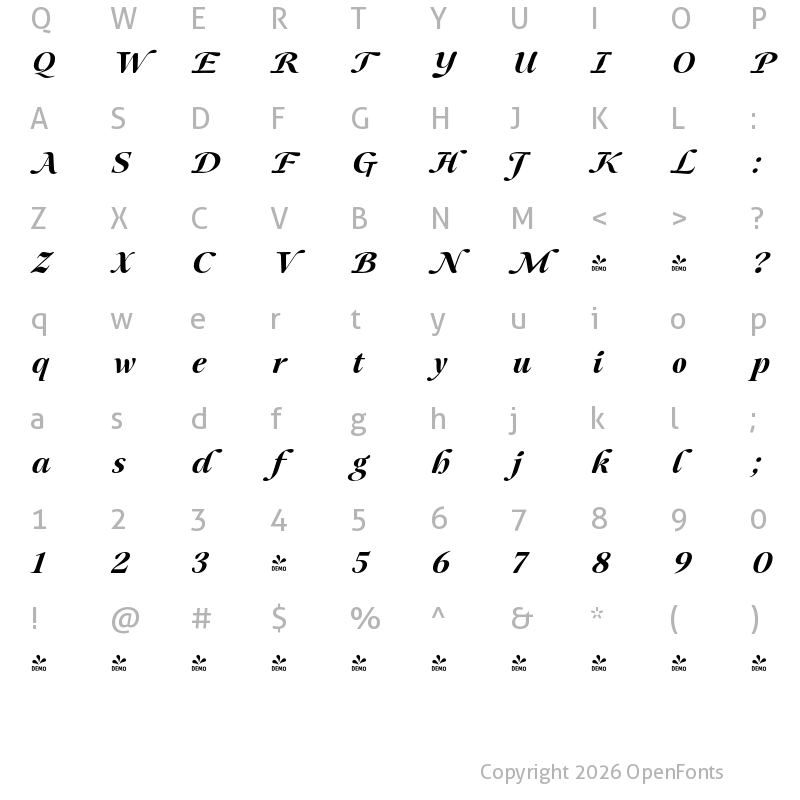 Character Map of FONTSPRING DEMO - Mauren Bold Italic