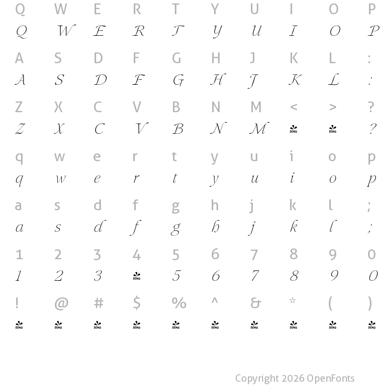 Character Map of FONTSPRING DEMO - Mauren ExtLt Italic