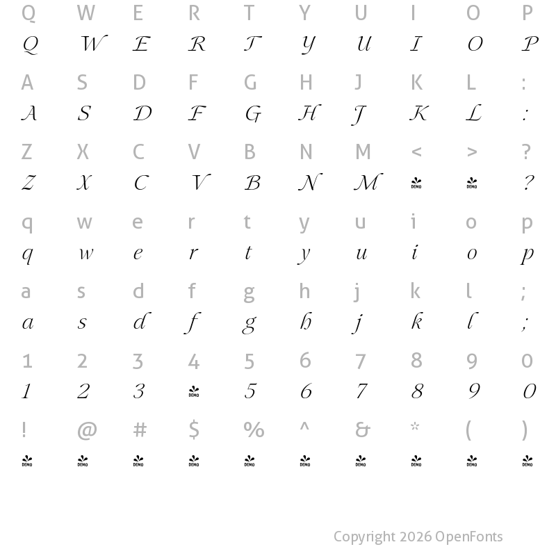 Character Map of FONTSPRING DEMO - Mauren Light Italic