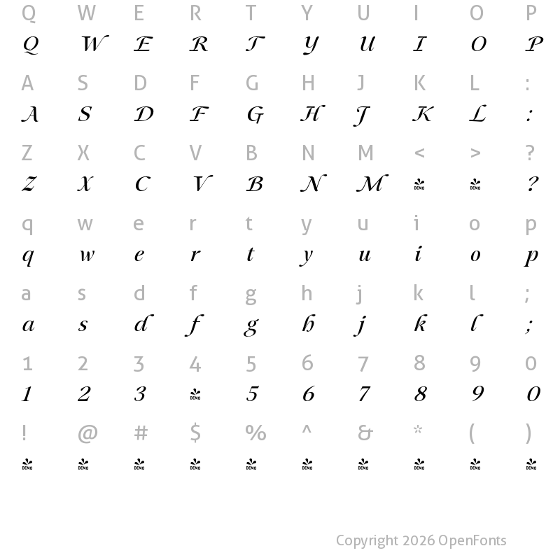 Character Map of FONTSPRING DEMO - Mauren Med Italic
