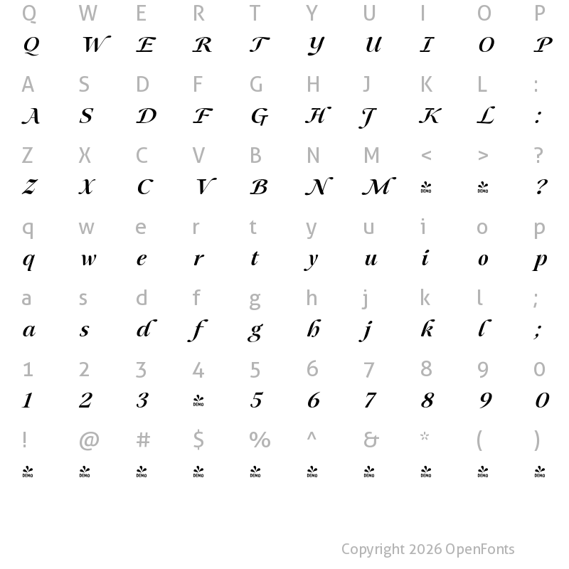 Character Map of FONTSPRING DEMO - Mauren SemBd Italic