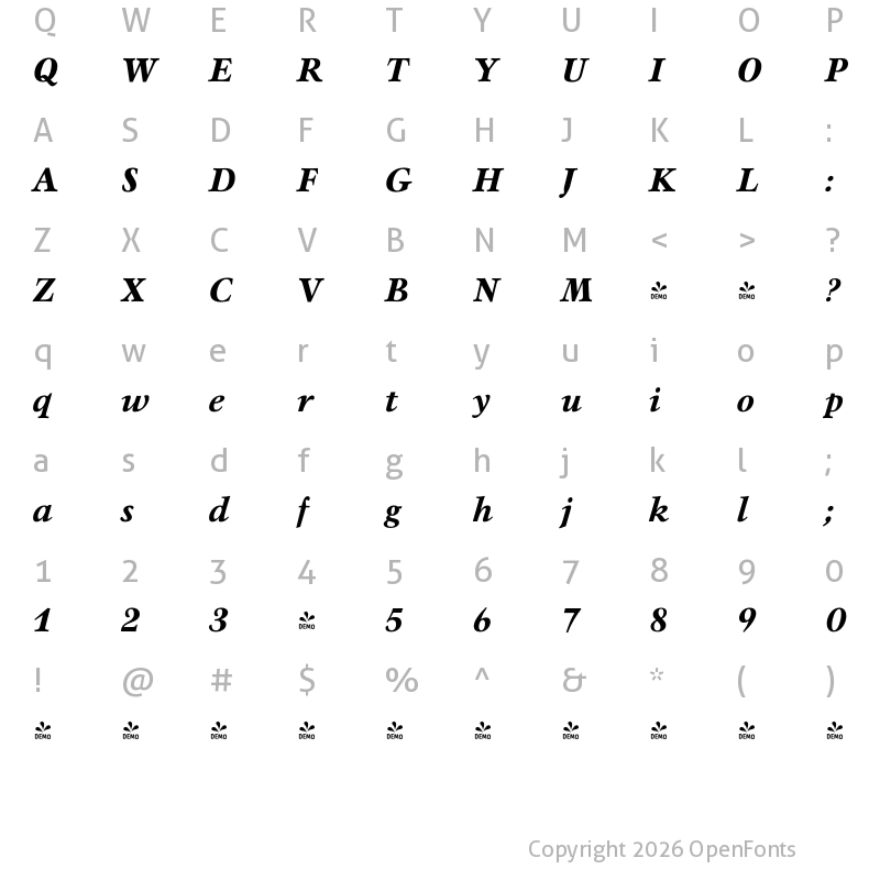 Character Map of FONTSPRING DEMO - Mauritius Bold Italic