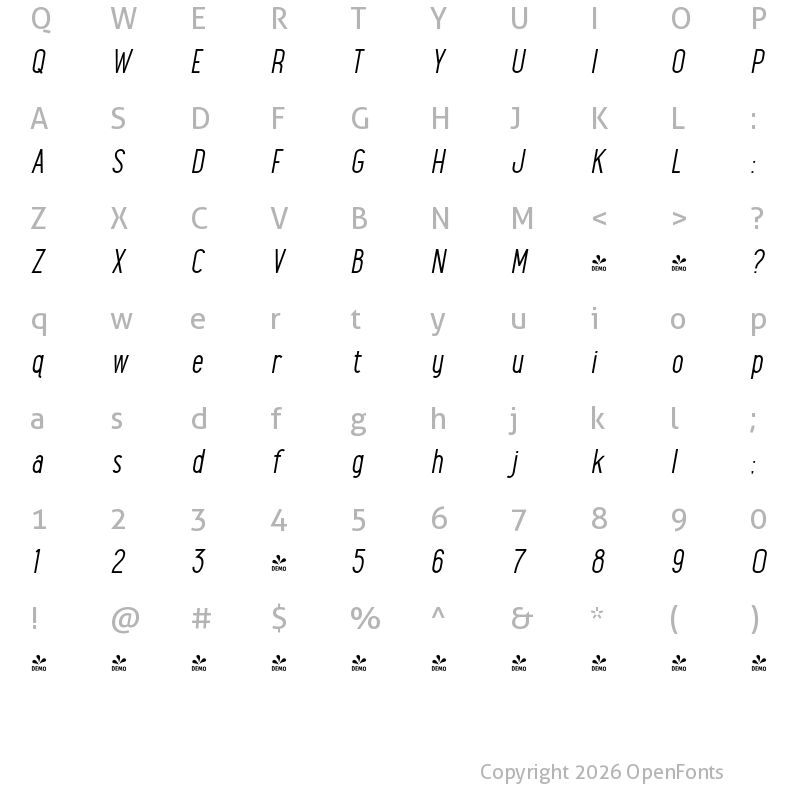 Character Map of FONTSPRING DEMO - Maxwell Book Italic