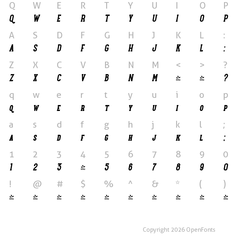 Character Map of FONTSPRING DEMO - Maxwell Slab Bold Italic SC