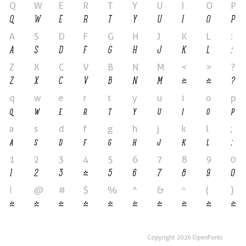 Character Map of FONTSPRING DEMO - Maxwell Slab Italic SC