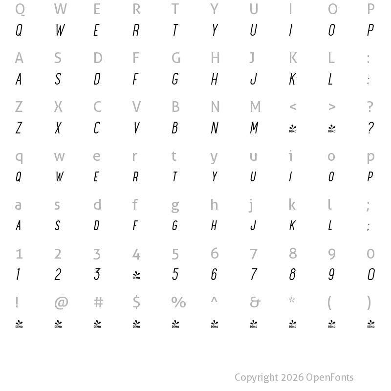 Character Map of FONTSPRING DEMO - Maxwell SmCaps Book Italic