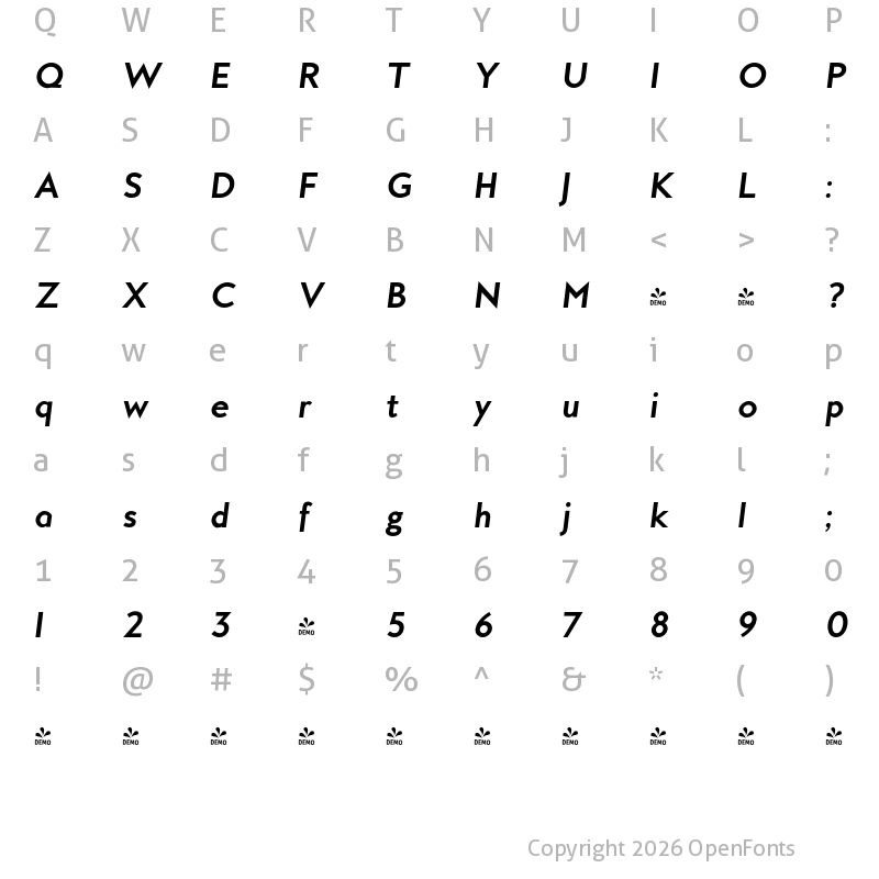 Character Map of FONTSPRING DEMO - MB Empire Bold Italic