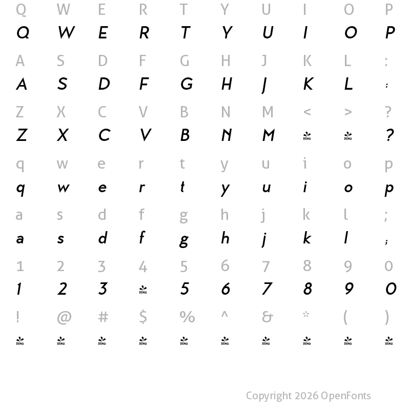 Character Map of FONTSPRING DEMO - MB Vinatage Bold Italic