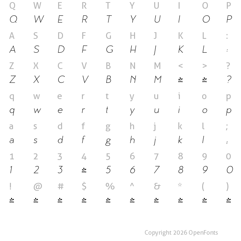 Character Map of FONTSPRING DEMO - MB Vinatage Light Italic