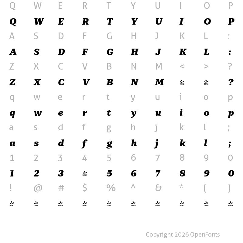 Character Map of FONTSPRING DEMO - Mediator Serif Black Italic