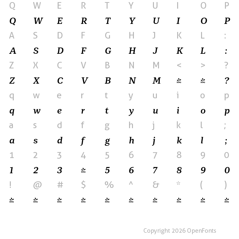 Character Map of FONTSPRING DEMO - Mediator Serif Bold Italic