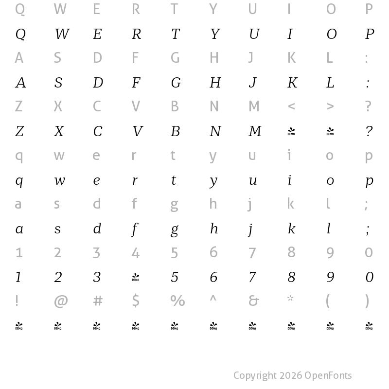 Character Map of FONTSPRING DEMO - Mediator Serif Light Italic