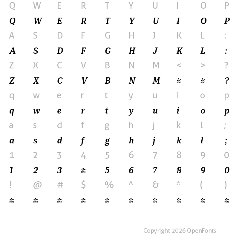 Character Map of FONTSPRING DEMO - Mediator Serif Narrow Bold Italic