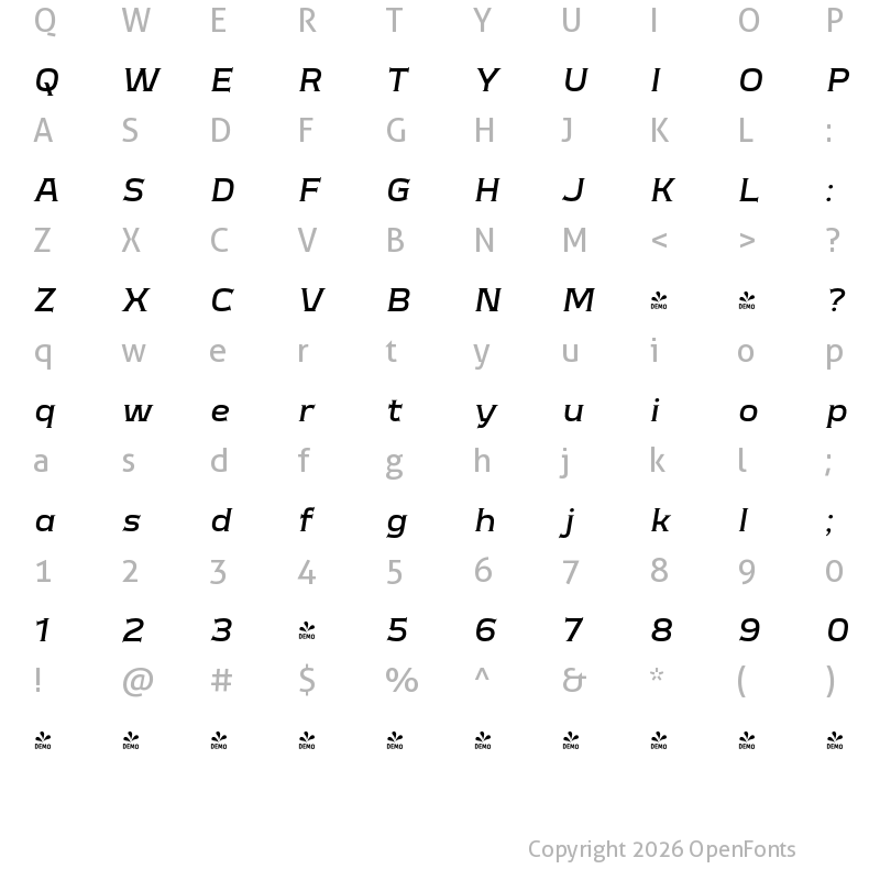 Character Map of FONTSPRING DEMO - Meguro serif Med Italic
