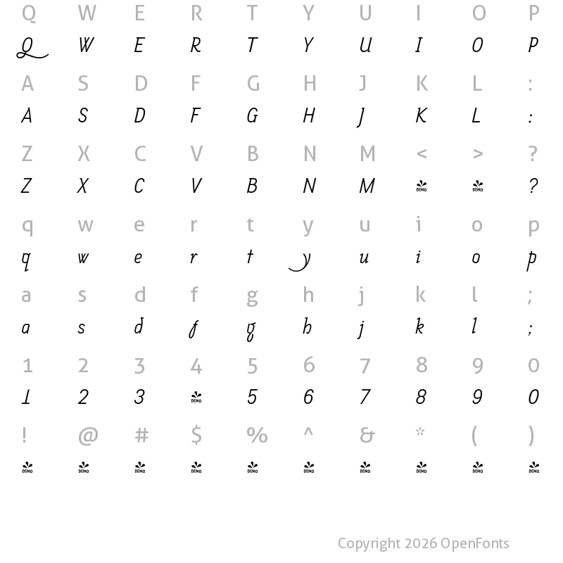 Character Map of FONTSPRING DEMO - Melancholia Italic
