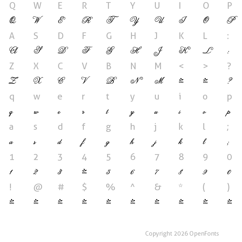 Character Map of FONTSPRING DEMO - Melany Lane Bold