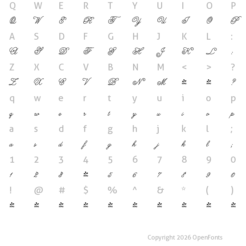 Character Map of FONTSPRING DEMO - Melany Lane Regular