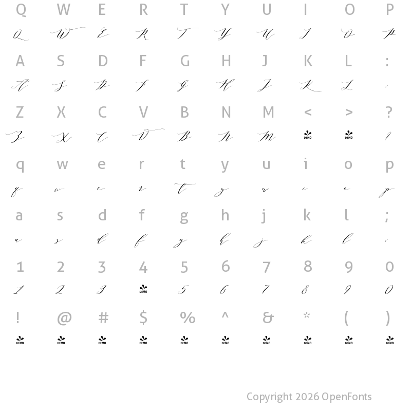 Character Map of FONTSPRING DEMO - Melika Letter Regular
