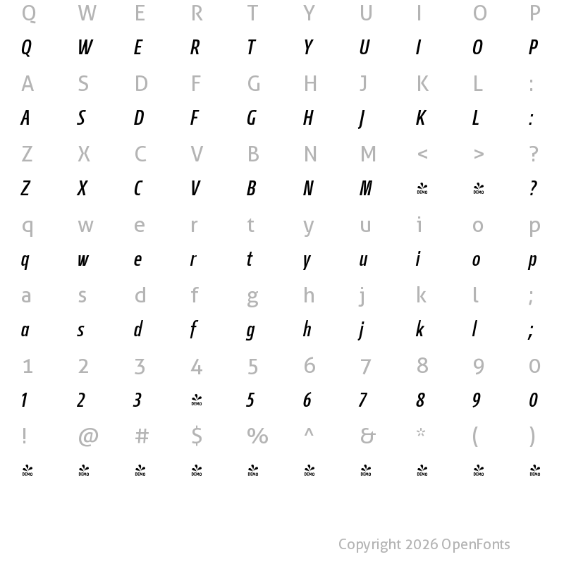 Character Map of FONTSPRING DEMO - Mellnik Cond Italic