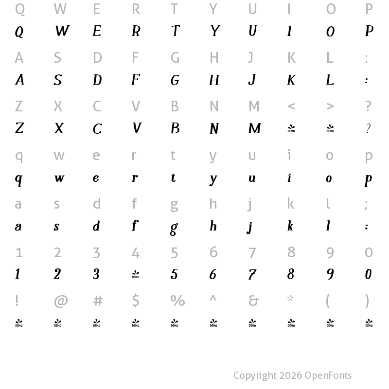 Character Map of FONTSPRING DEMO - Melloner Happy Bold Italic Regular