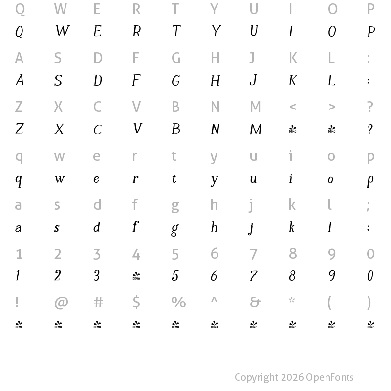 Character Map of FONTSPRING DEMO - Melloner Happy Italic